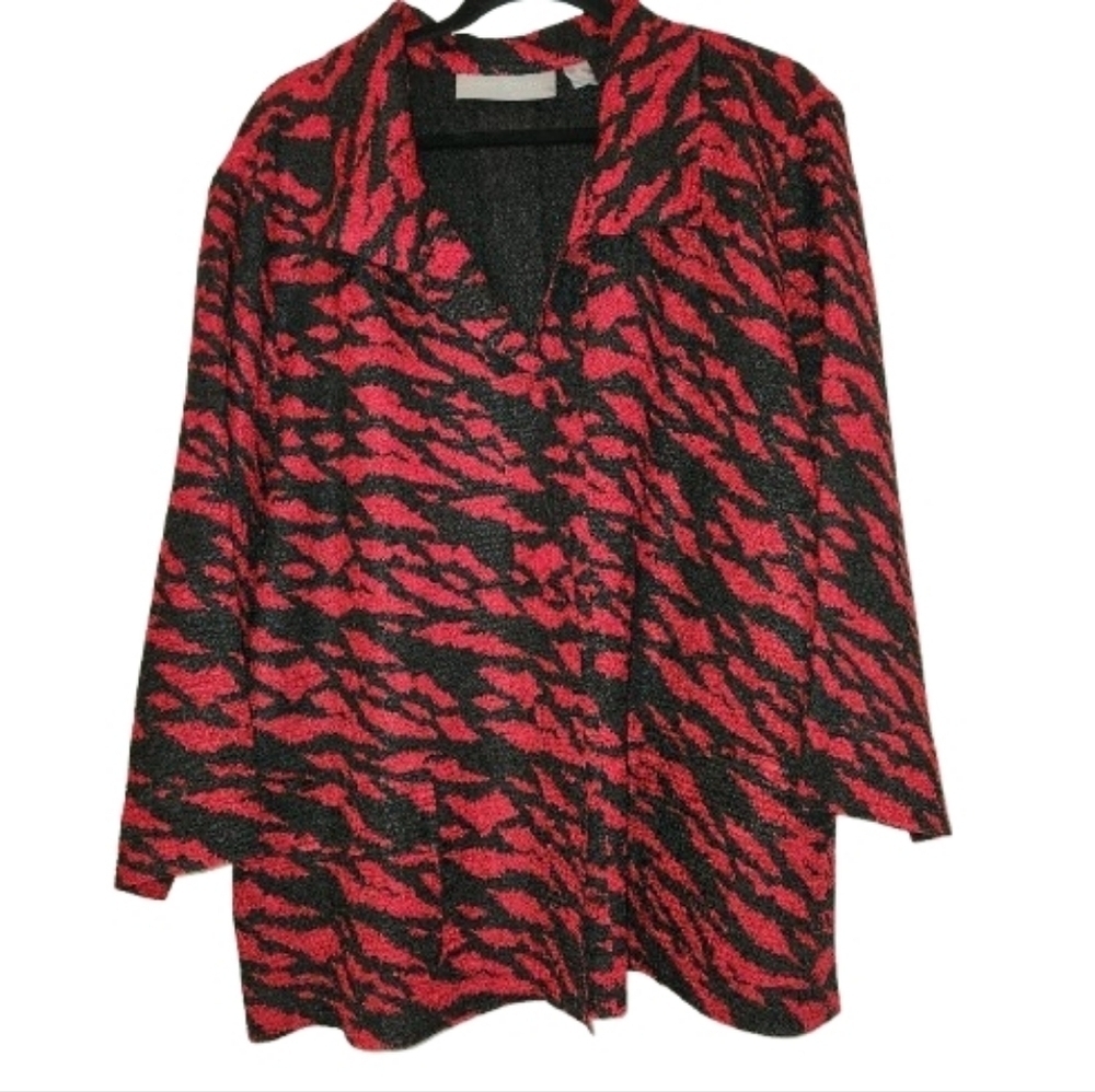 Chico's Travelers Rich Red/Black Print Crepe Jacket Button Front Size 3 (XL)